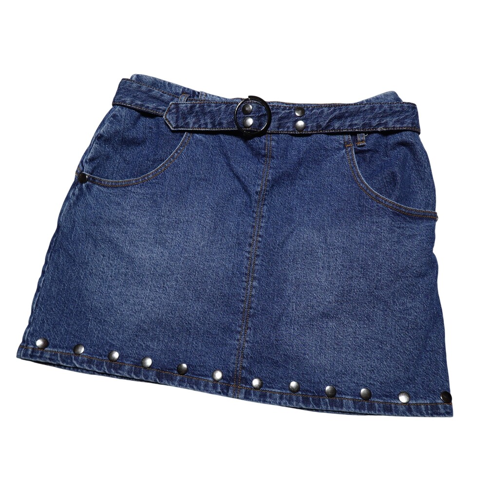 Avec Les Filles Skirt Womens 12 Blue Denim Studded Belted Mini Pockets Casual